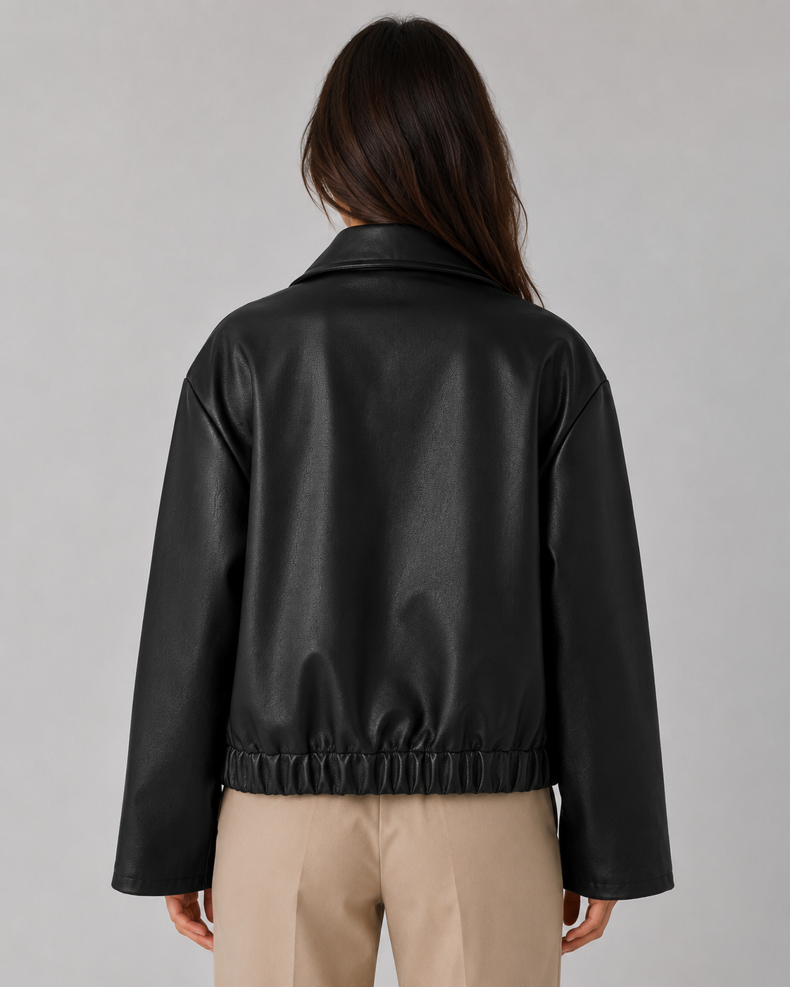 Faux Leather Zip Front Collared Cropped Jacket