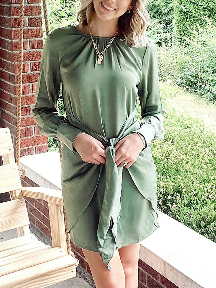 Satin Round Neck Long Sleeve Tie Waist Cocktail Mini Dress