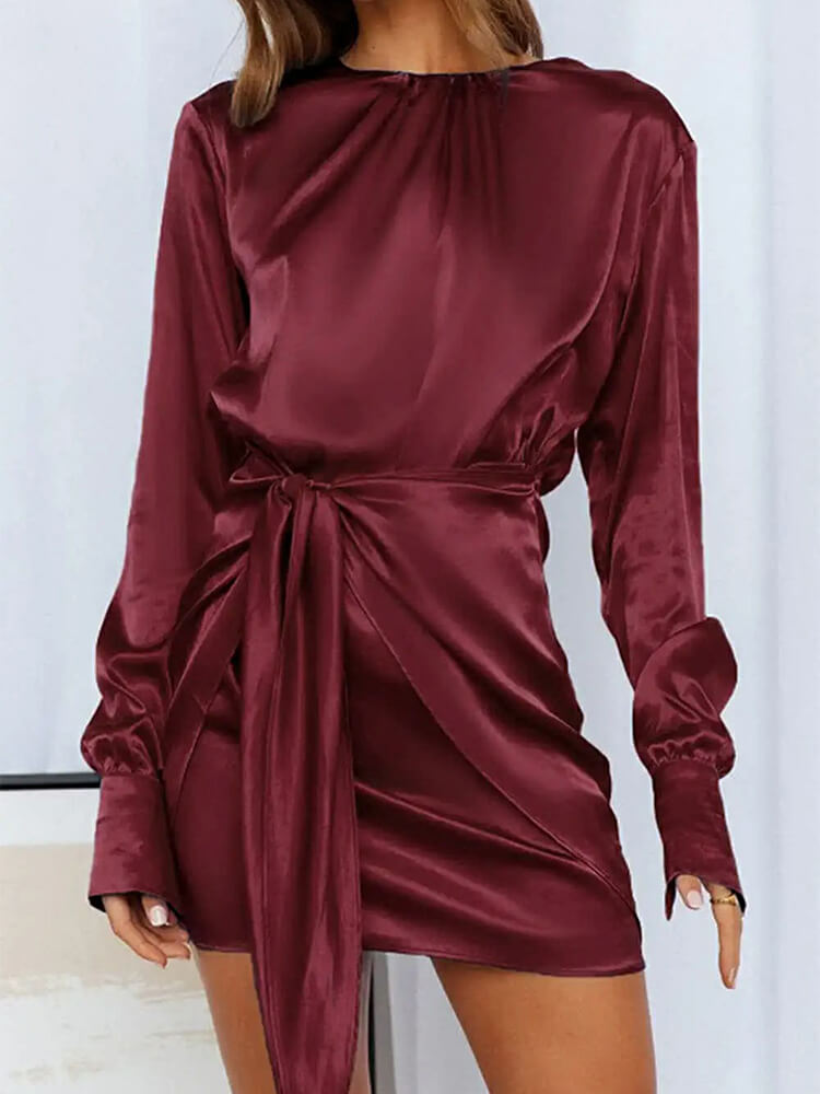 Satin Round Neck Long Sleeve Tie Waist Cocktail Mini Dress