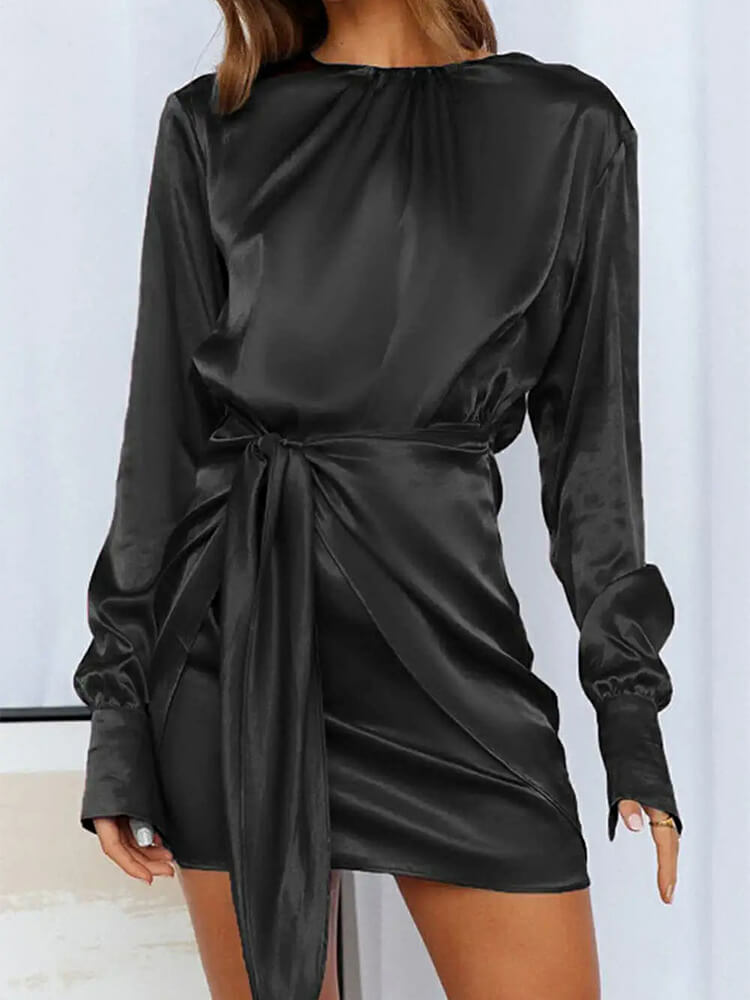 Satin Round Neck Long Sleeve Tie Waist Cocktail Mini Dress