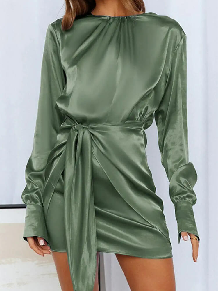 Satin Round Neck Long Sleeve Tie Waist Cocktail Mini Dress