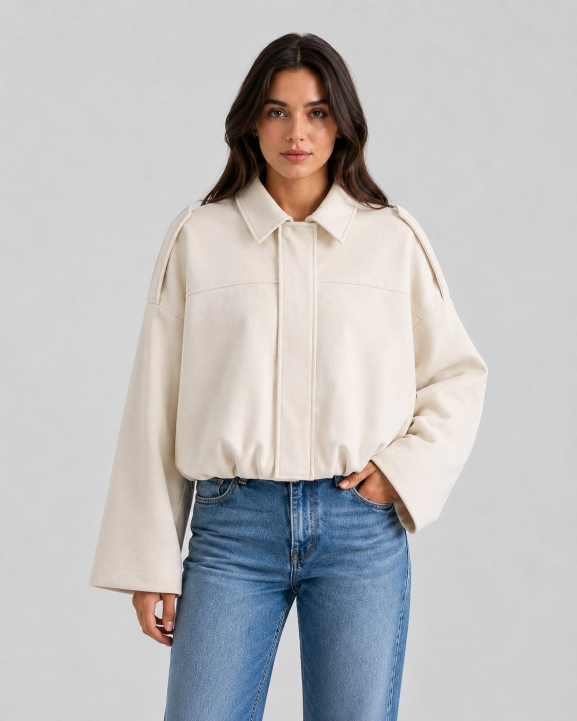 Collared Drop Shoulder Suede Look Cropped Jacket