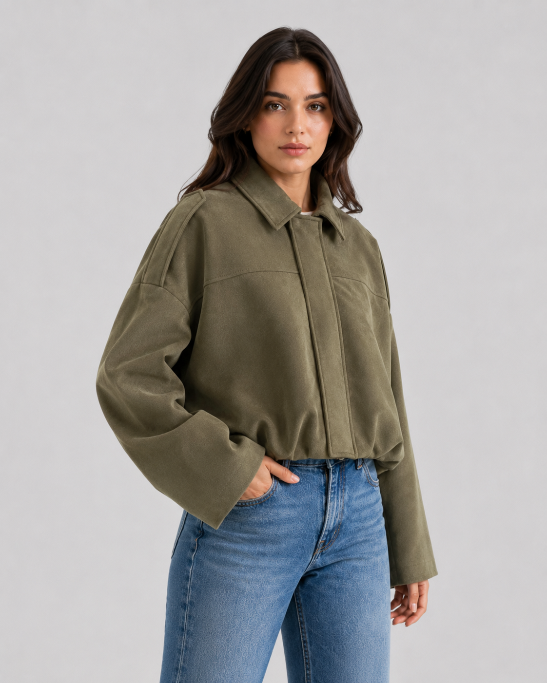 Collared Drop Shoulder Suede Look Cropped Jacket