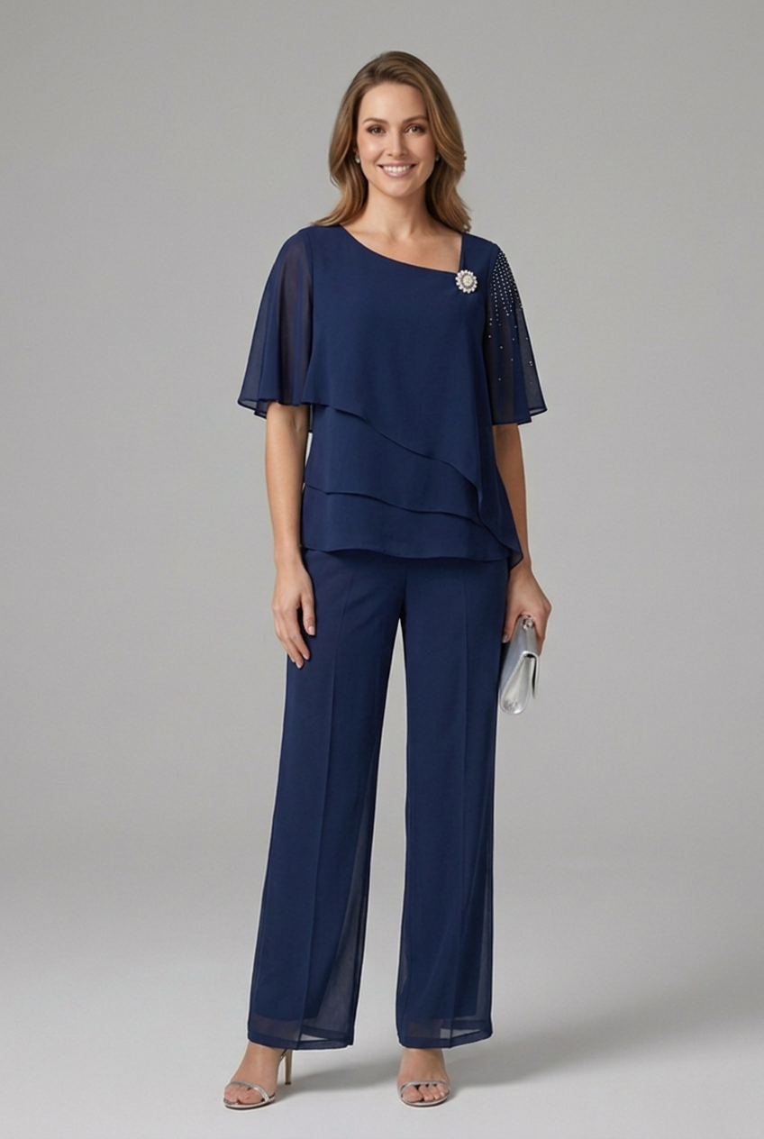 Flutter Sleeve Layered Chiffon Top and Wide Leg Pants Two Piece Set 2