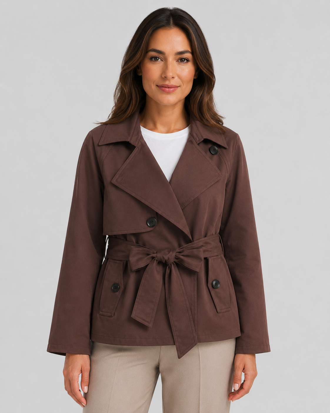Women’s Cropped Double-Breasted Trench Coat with Tie Waist
