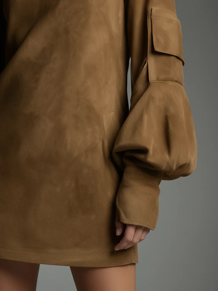 Suede Look Turtleneck Long Sleeve Cargo Pocket Mini Dress