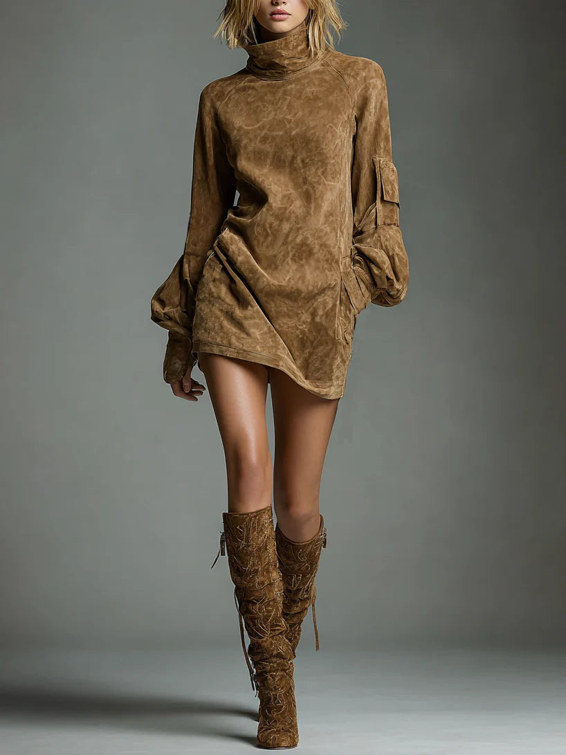 Suede Look Turtleneck Long Sleeve Cargo Pocket Mini Dress