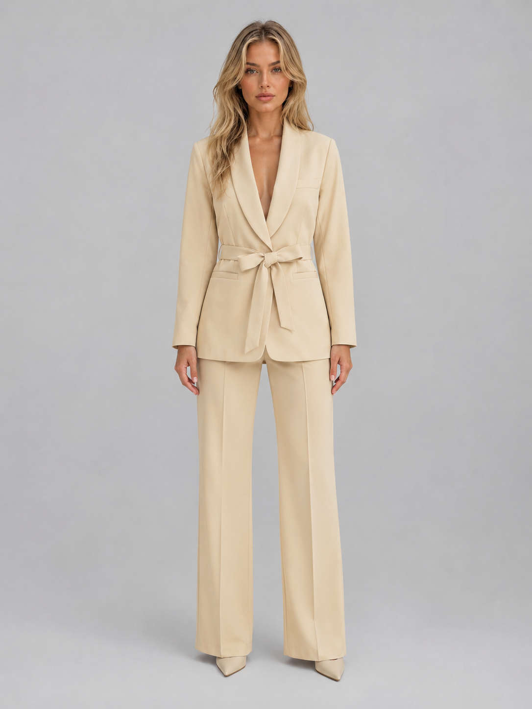 Women's Belted Blazer & Wide Leg Pant Suit Set – Business Casual Workwear