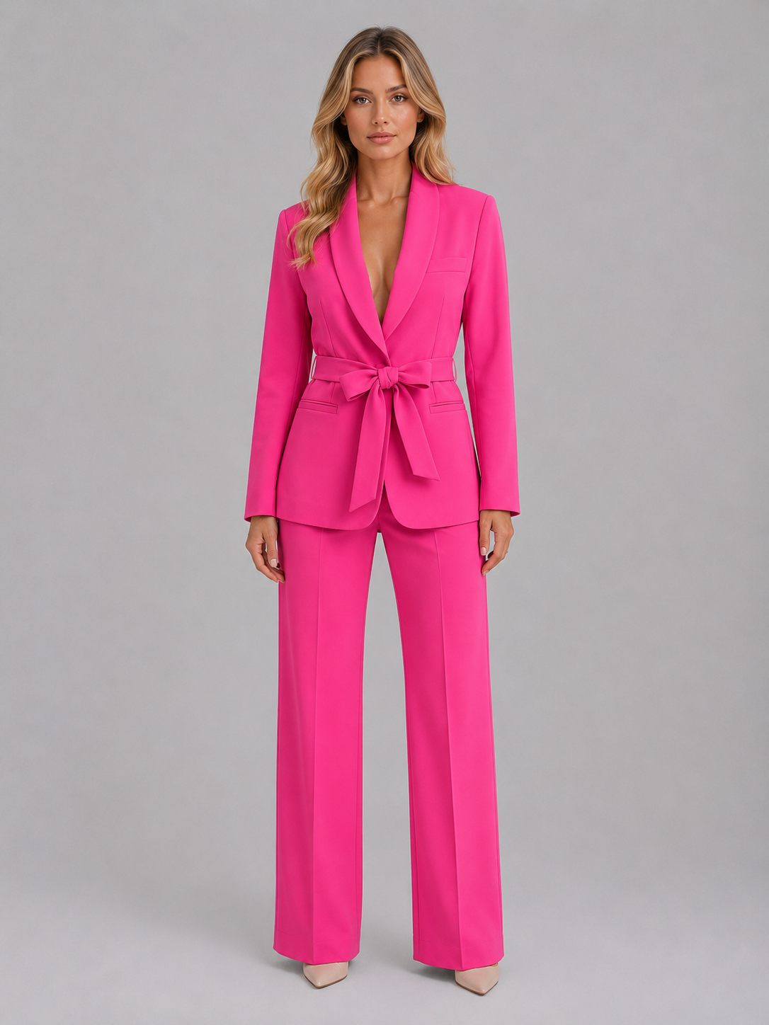 Women's Belted Blazer & Wide Leg Pant Suit Set – Business Casual Workwear