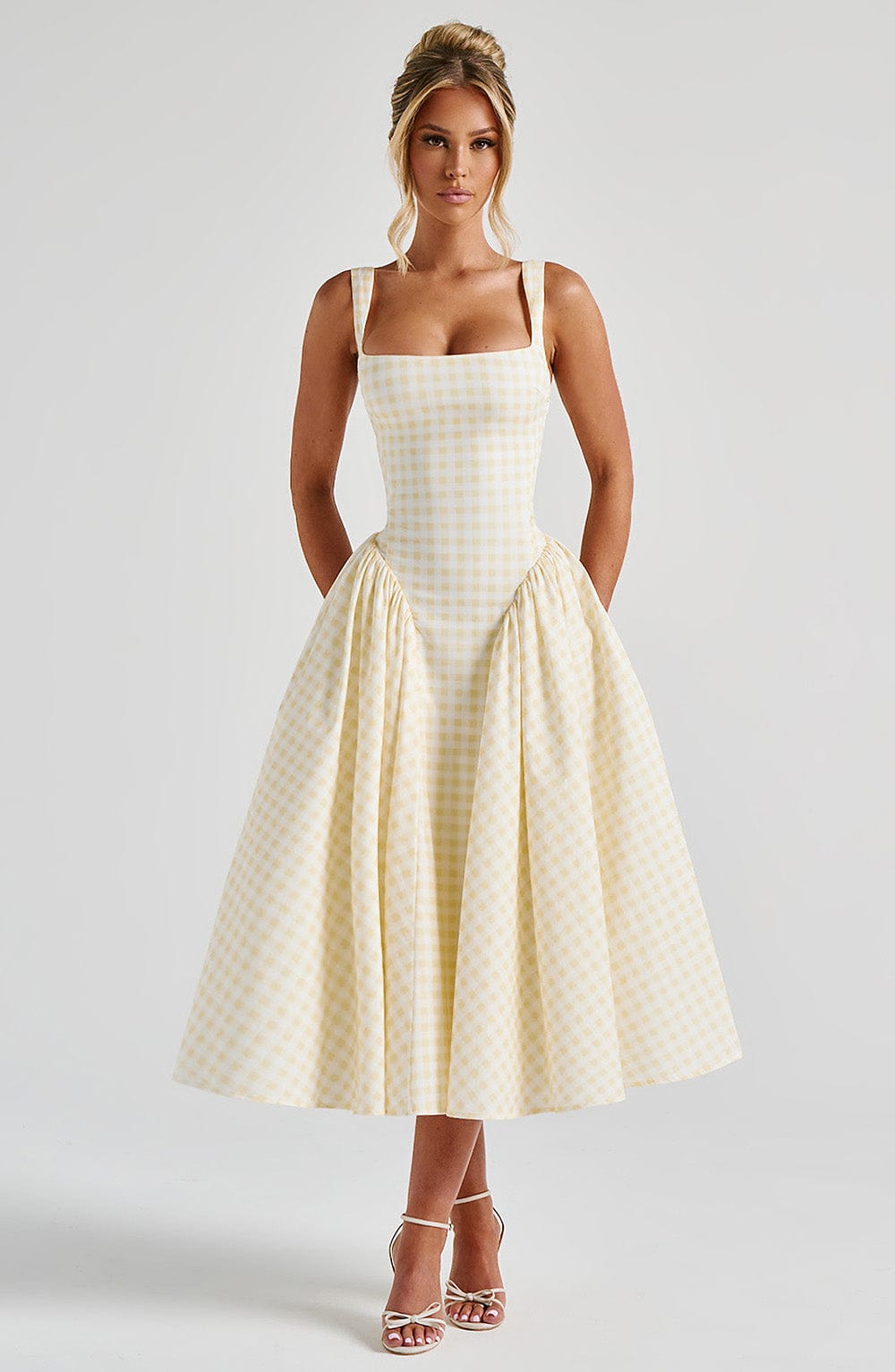 Gingham Square Neck Fit and Flare Midi Dress 4