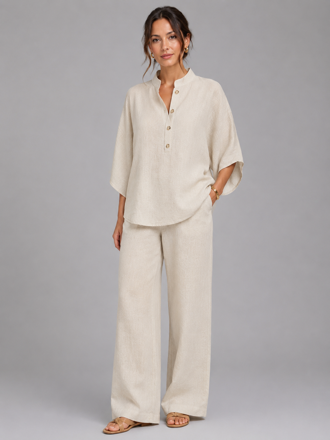 Band Collar Button Placket Top and Wide Leg Pants Two Piece Set