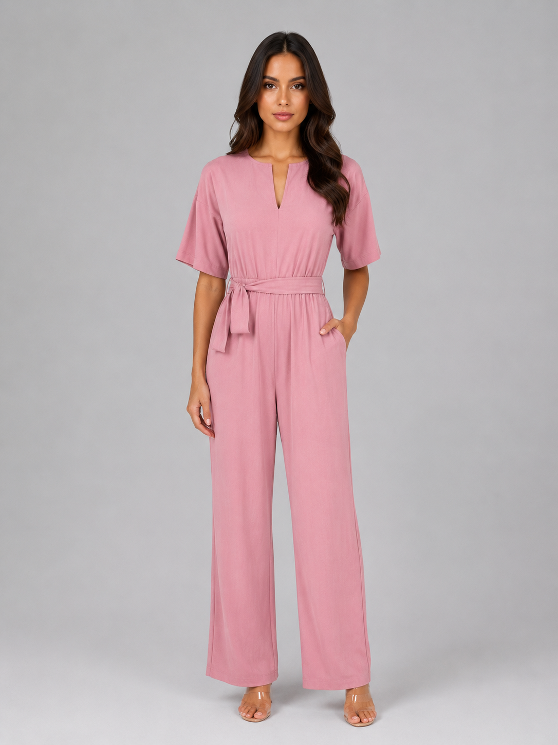 Notch Neck Short Sleeve Tie Waist Wide Leg Jumpsuit