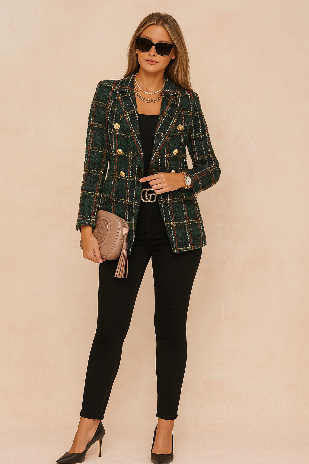 Plaid Tweed Double Breasted Blazer
