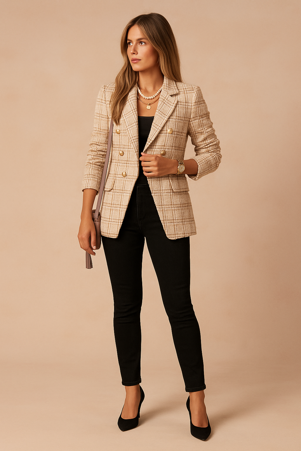 Plaid Tweed Double Breasted Blazer
