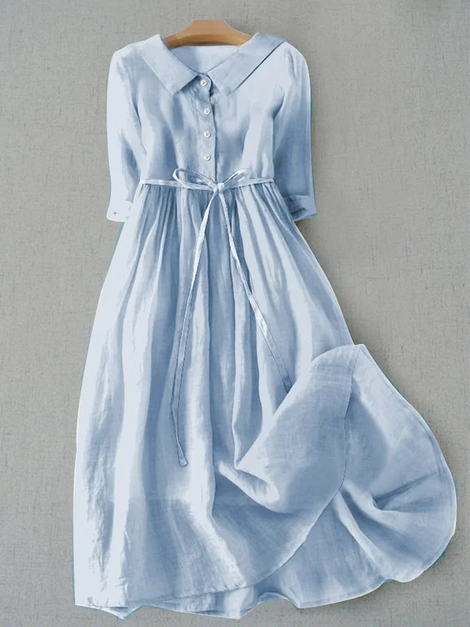Collared Button Front Drawstring Waist Linen Look Midi Dress