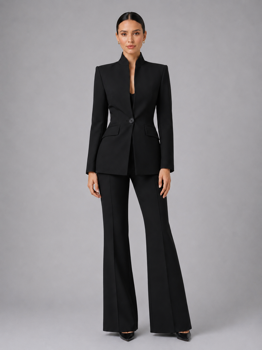 Stand Collar Single Button Blazer and Flare Pants Two Piece Set