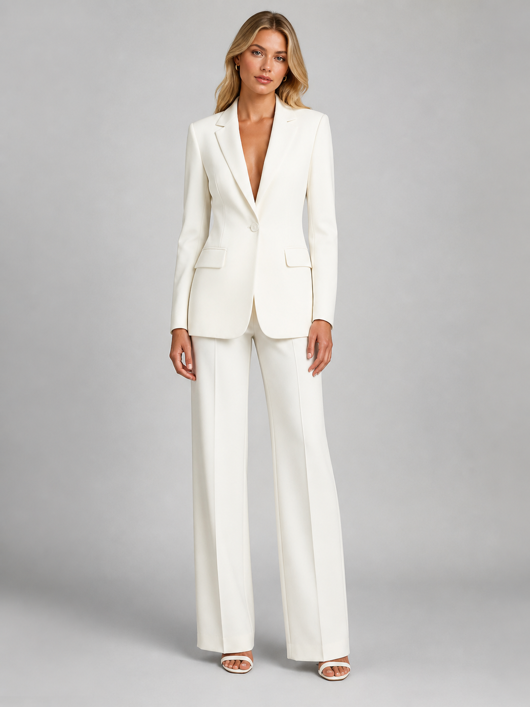 Single Button Blazer and Wide Leg Pants Two Piece Set