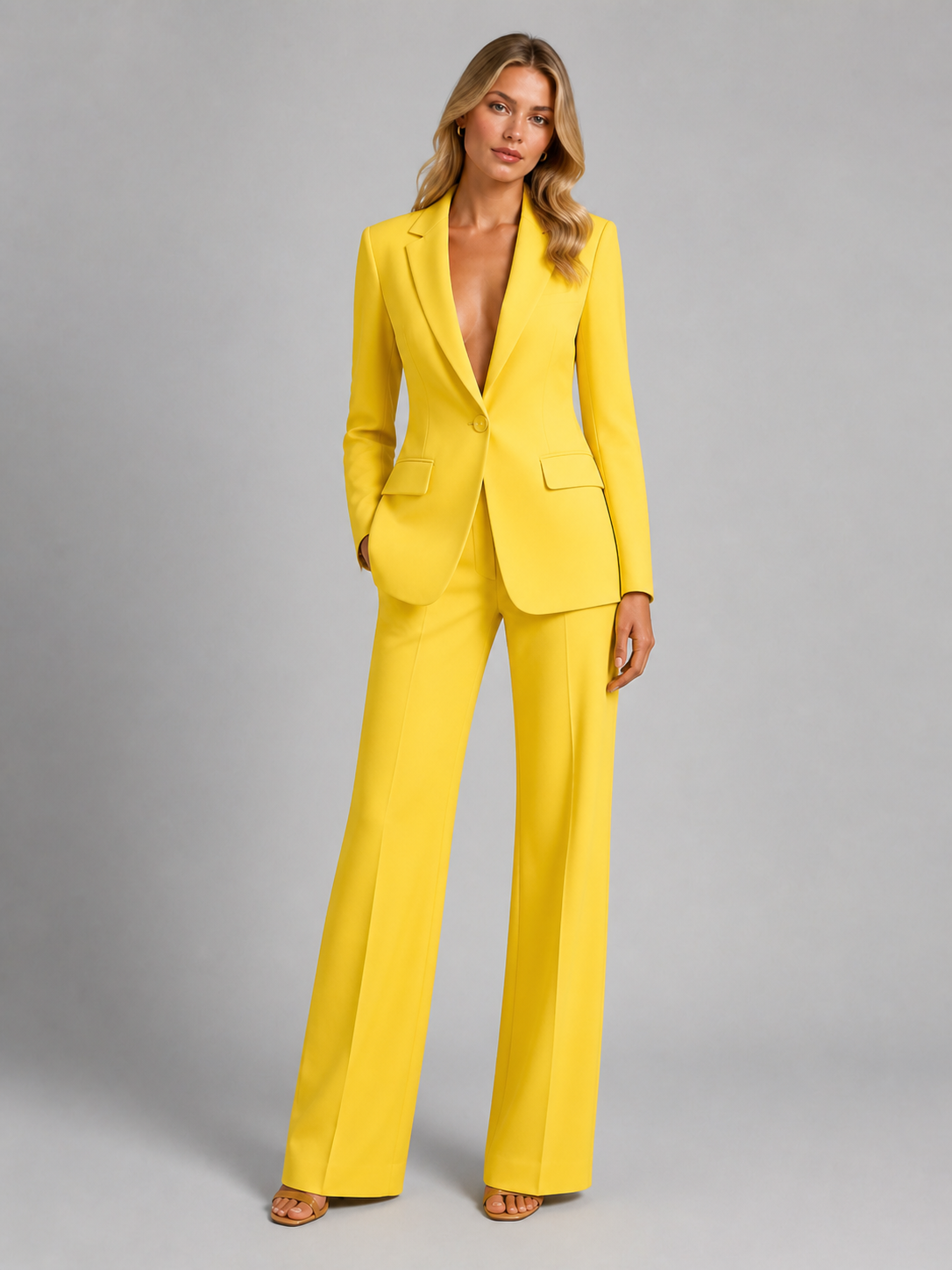 Single Button Blazer and Wide Leg Pants Two Piece Set