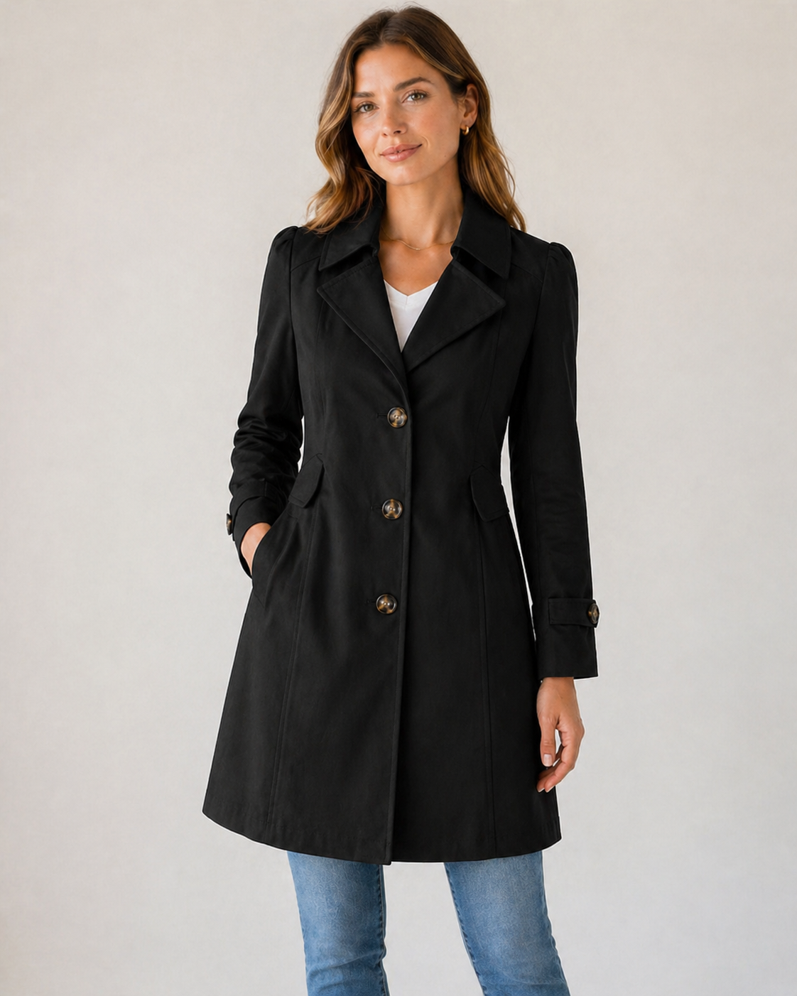 Women’s Short Trench Coat – Tailored Button Front Jacket