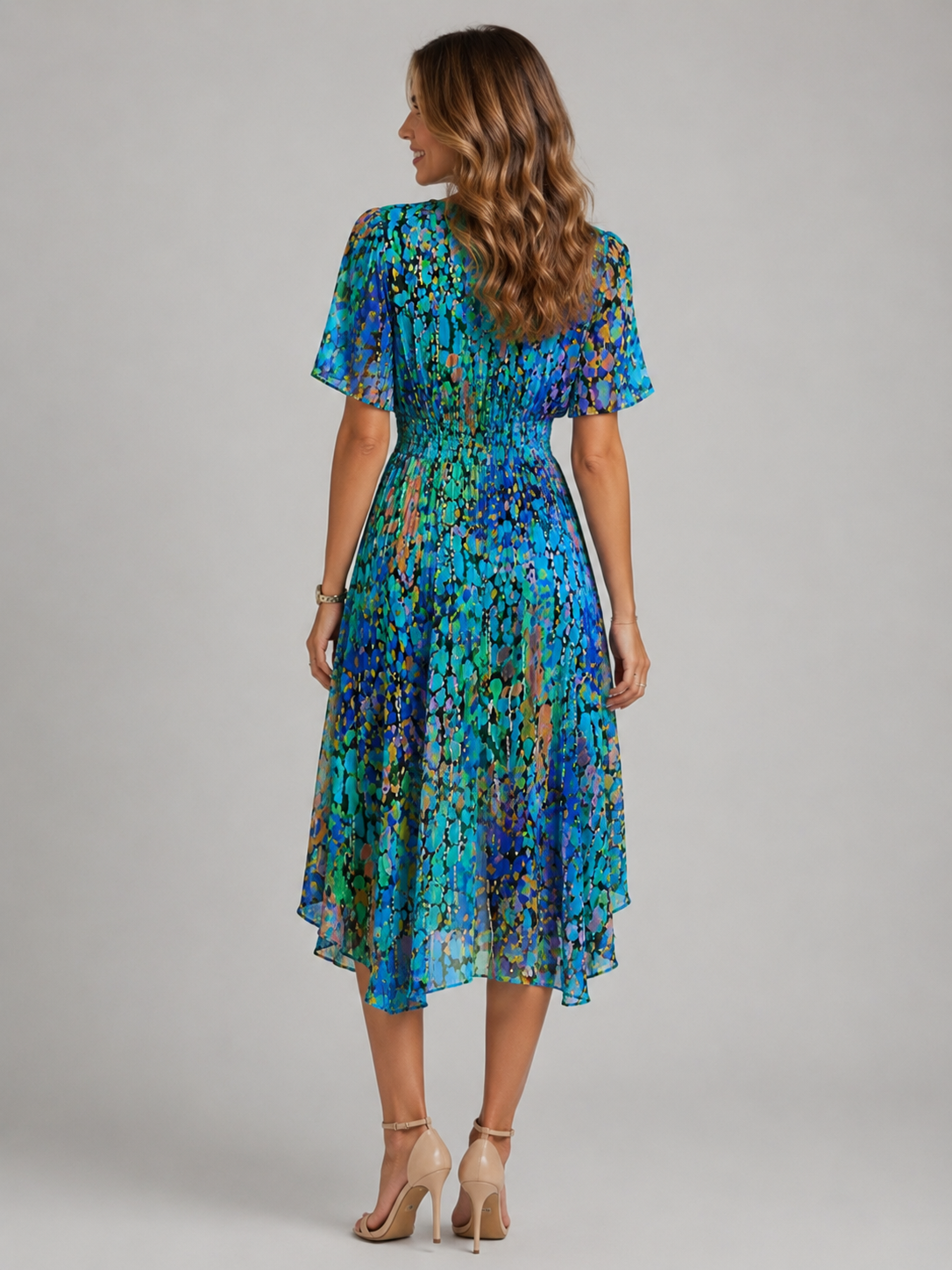Women's Floral V-Neck Midi Dress Flutter Sleeve Summer Dress
