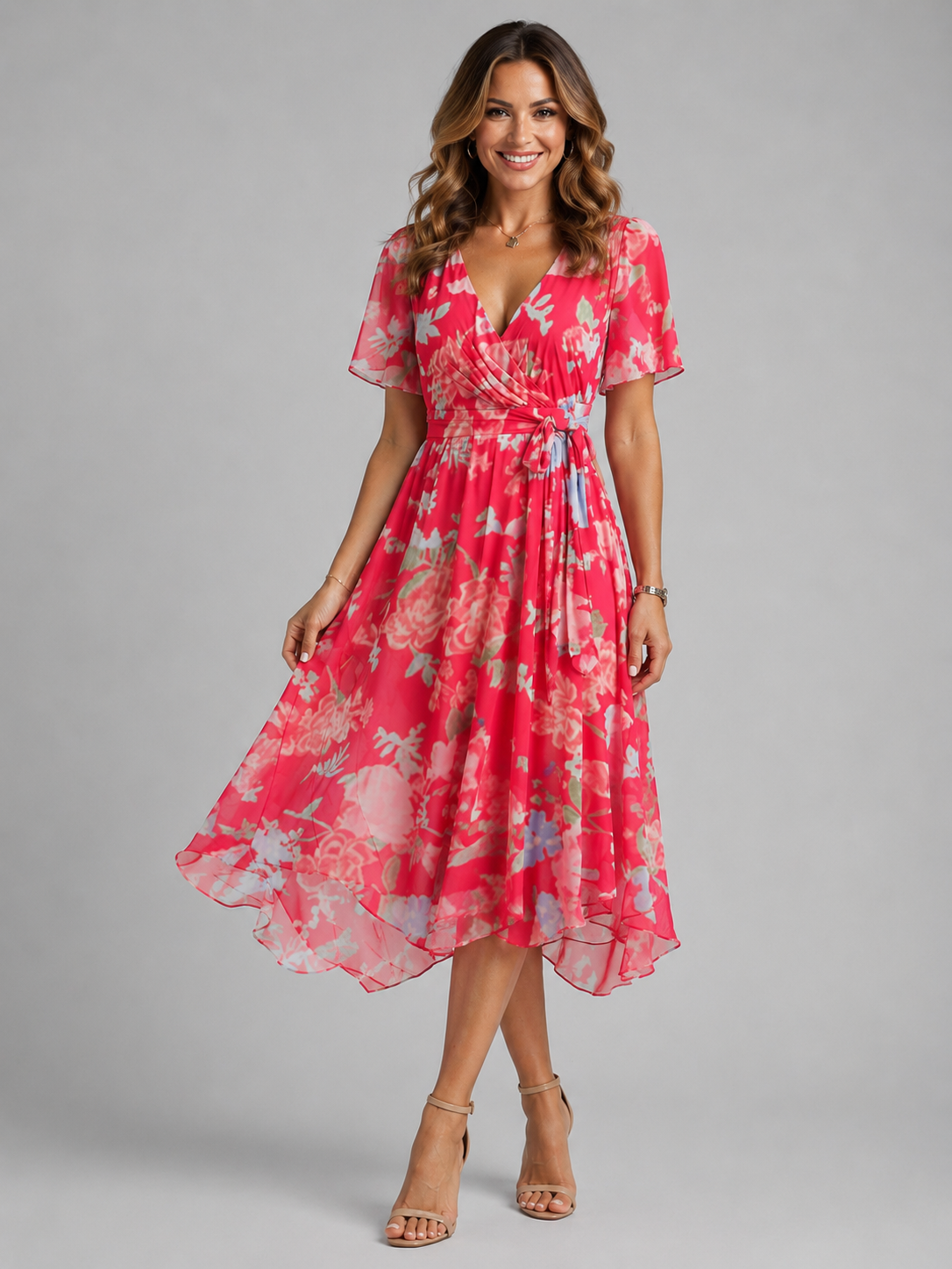 Women's Floral V-Neck Midi Dress Flutter Sleeve Summer Dress
