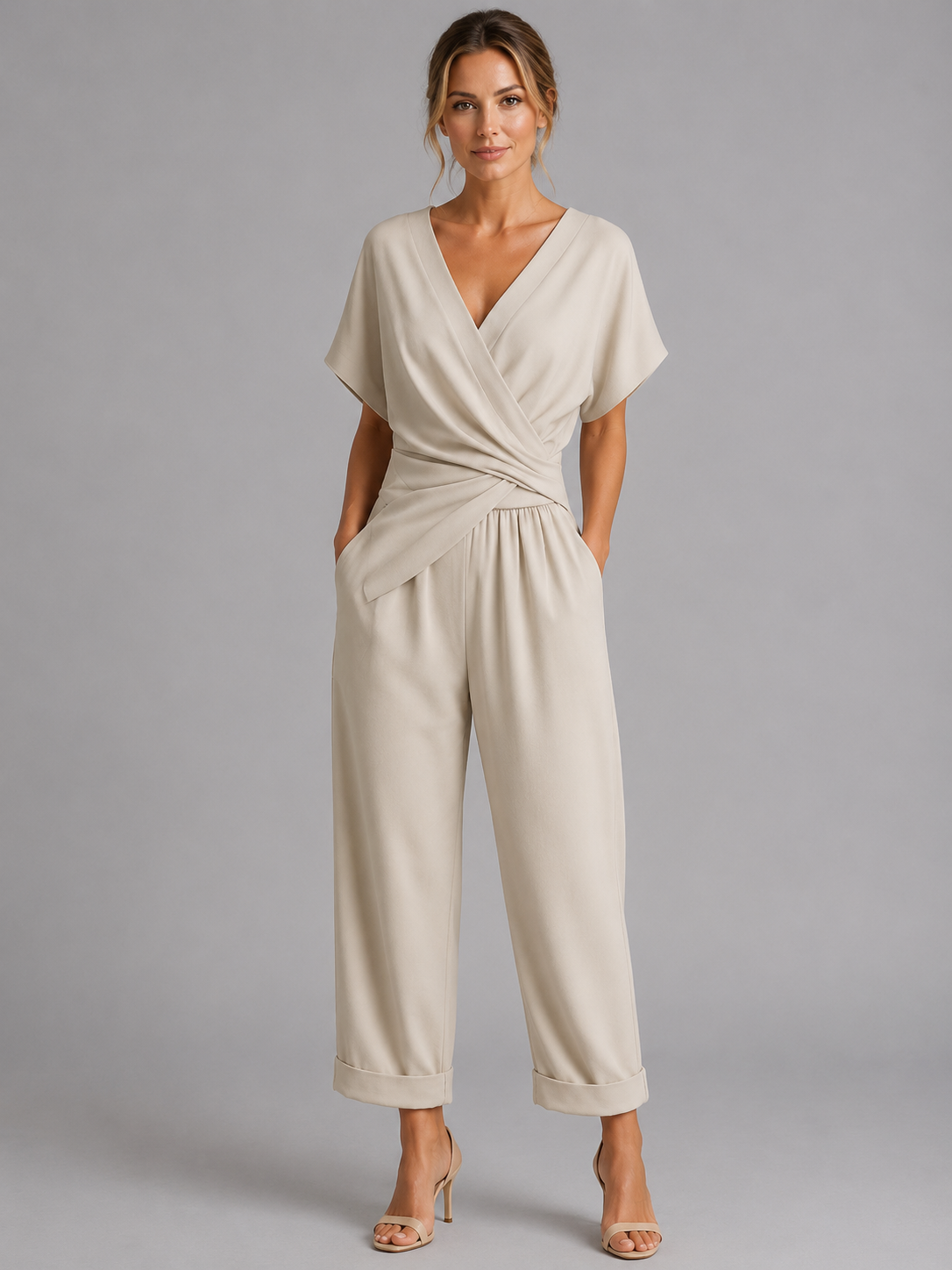 Wrap Front Short Sleeve Tapered Leg Jumpsuit