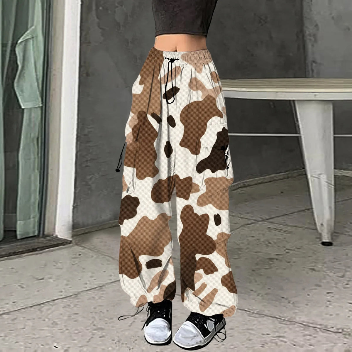 Cow Print Elastic Waist Drawstring Baggy Cargo Jogger Pants 2