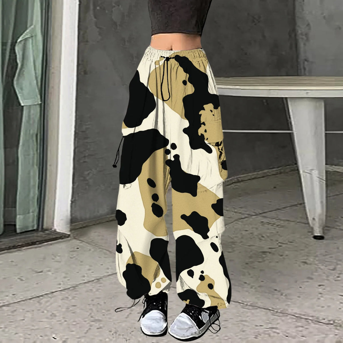 Cow Print Elastic Waist Drawstring Baggy Cargo Jogger Pants