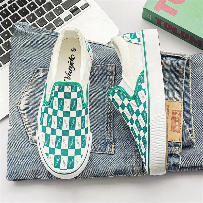 Womens Canvas Shoes Multicolor Checkerboard Design Men SlipOn Footwear Girls Flats Couple Summer Fashion Sneakers Size 3544
