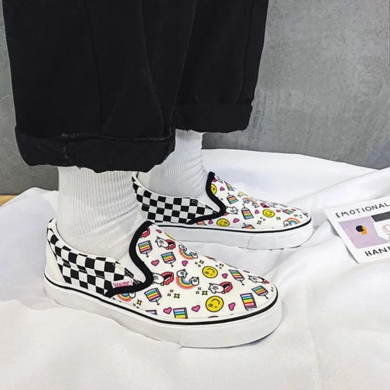 Womens Canvas Multicolor Checkerboard Design SlipOn Flats Summer Fashion Skateboard