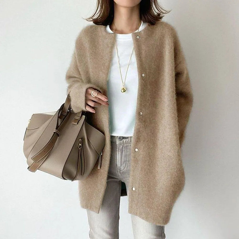 Crew Neck Button Front Longline Oversized Cardigan