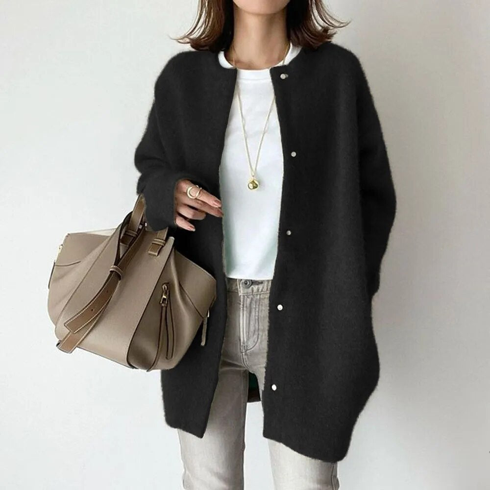 Crew Neck Button Front Longline Oversized Cardigan