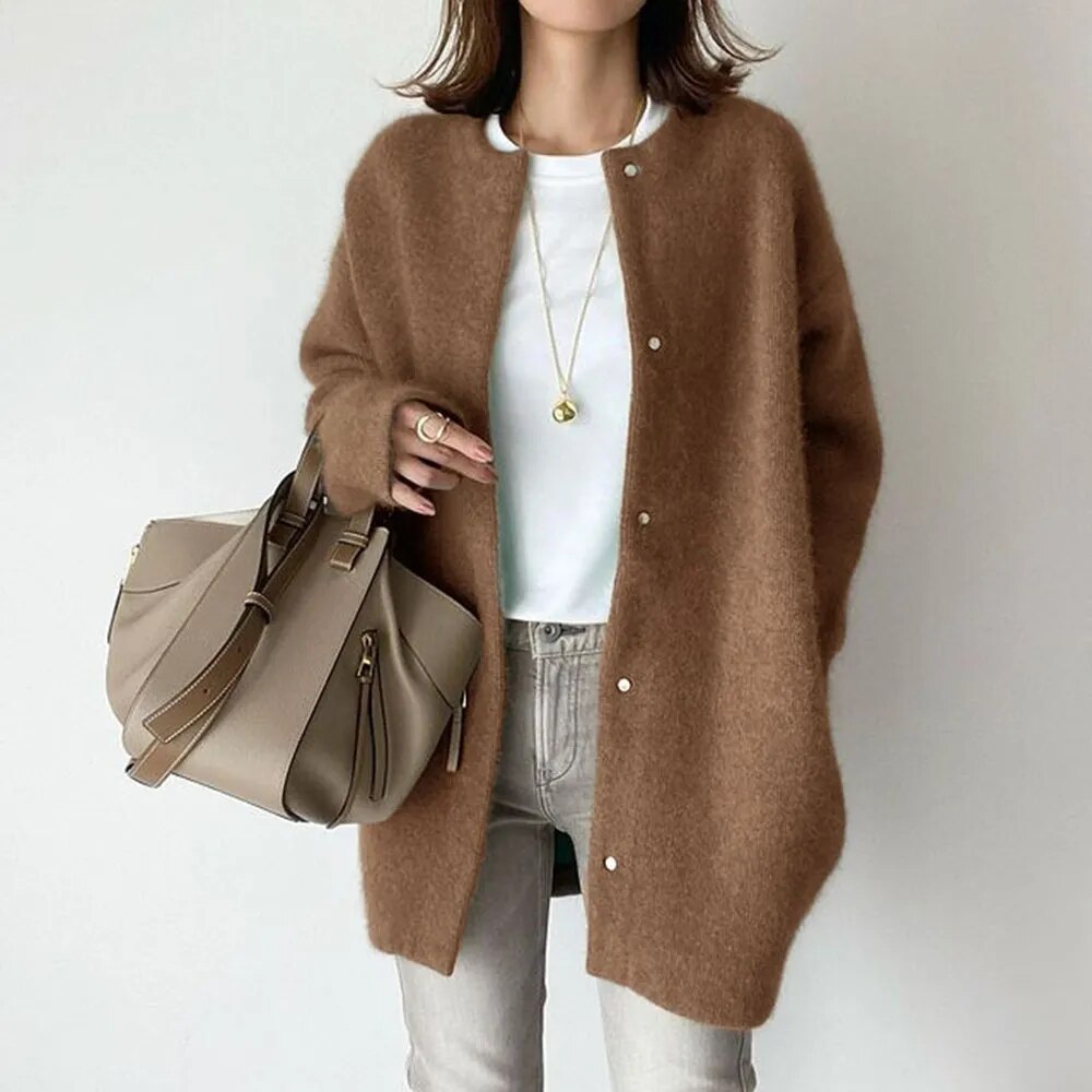 Crew Neck Button Front Longline Oversized Cardigan