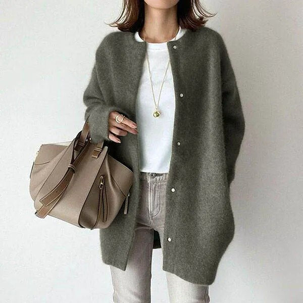 Crew Neck Button Front Longline Oversized Cardigan