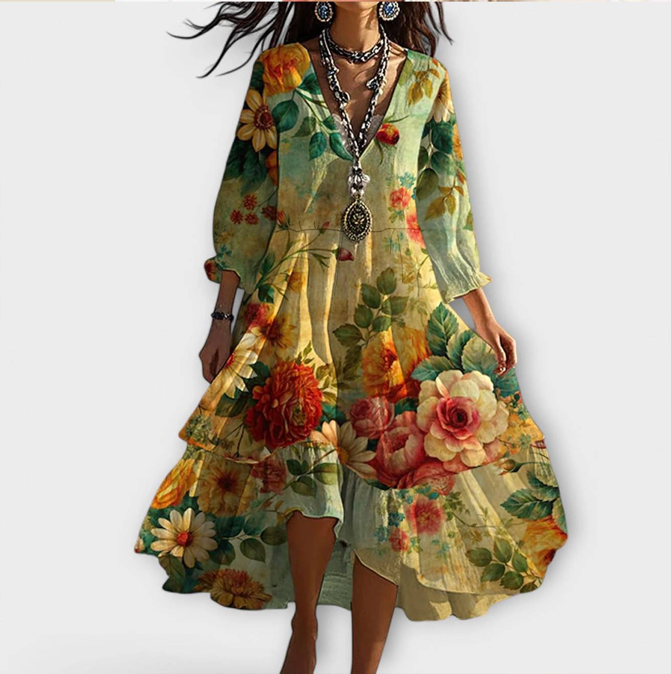 Floral Deep V-Neck Long Sleeve Tiered High Low Midi Dress