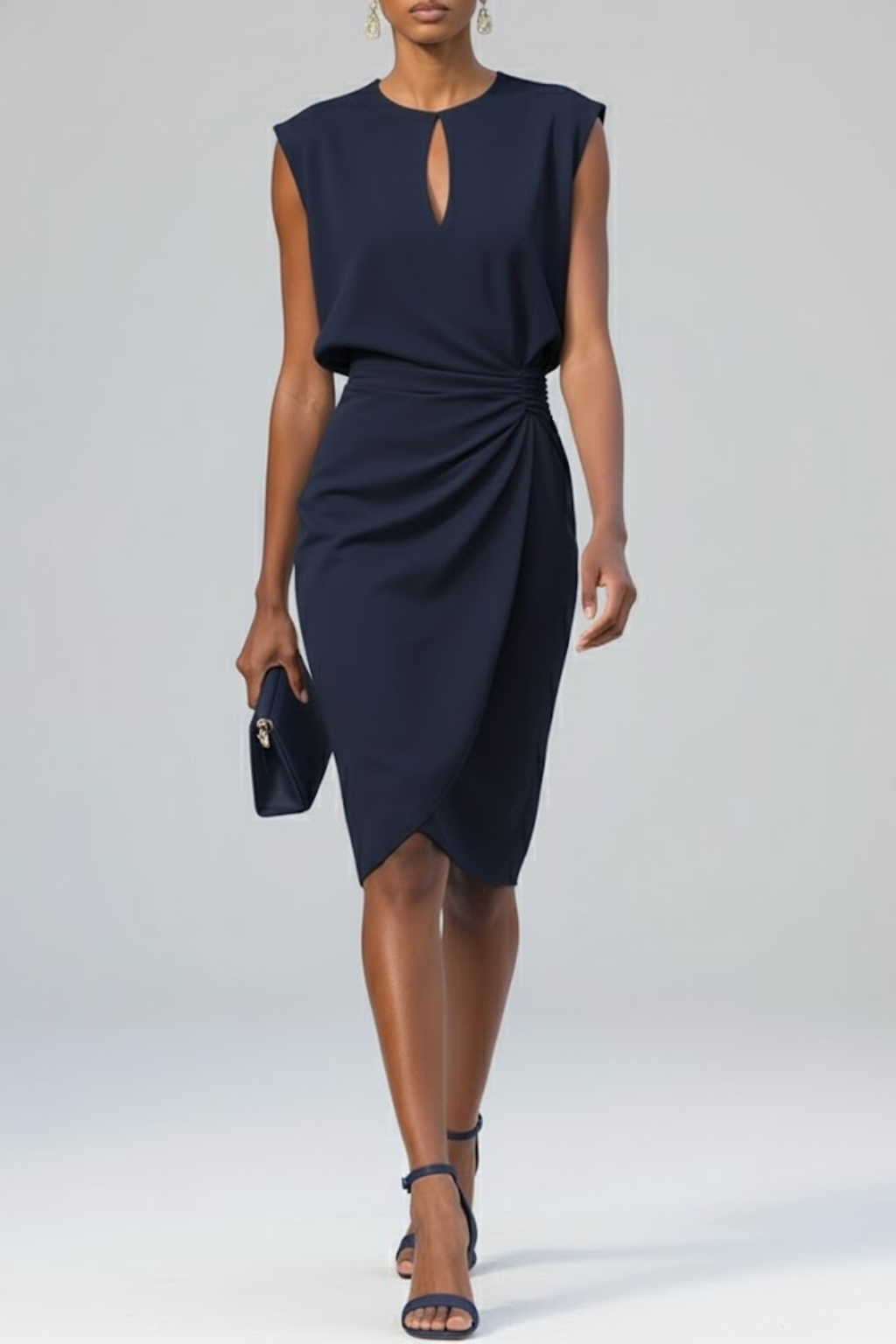 Keyhole Neck Sleeveless Ruched Wrap Midi Dress