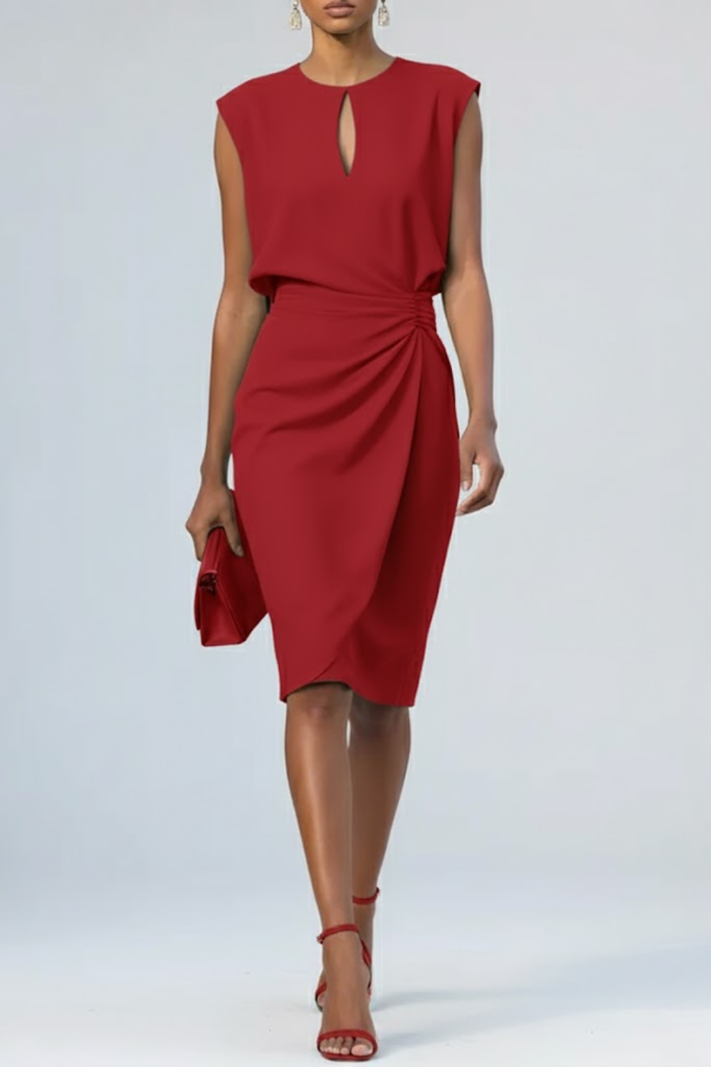 Keyhole Neck Sleeveless Ruched Wrap Midi Dress