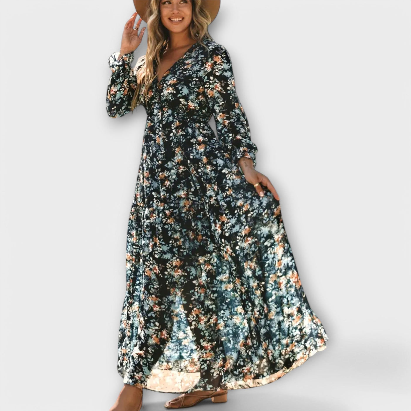 Floral Chiffon V-Neck Long Sleeve Ruffle Tiered Maxi Dress 4
