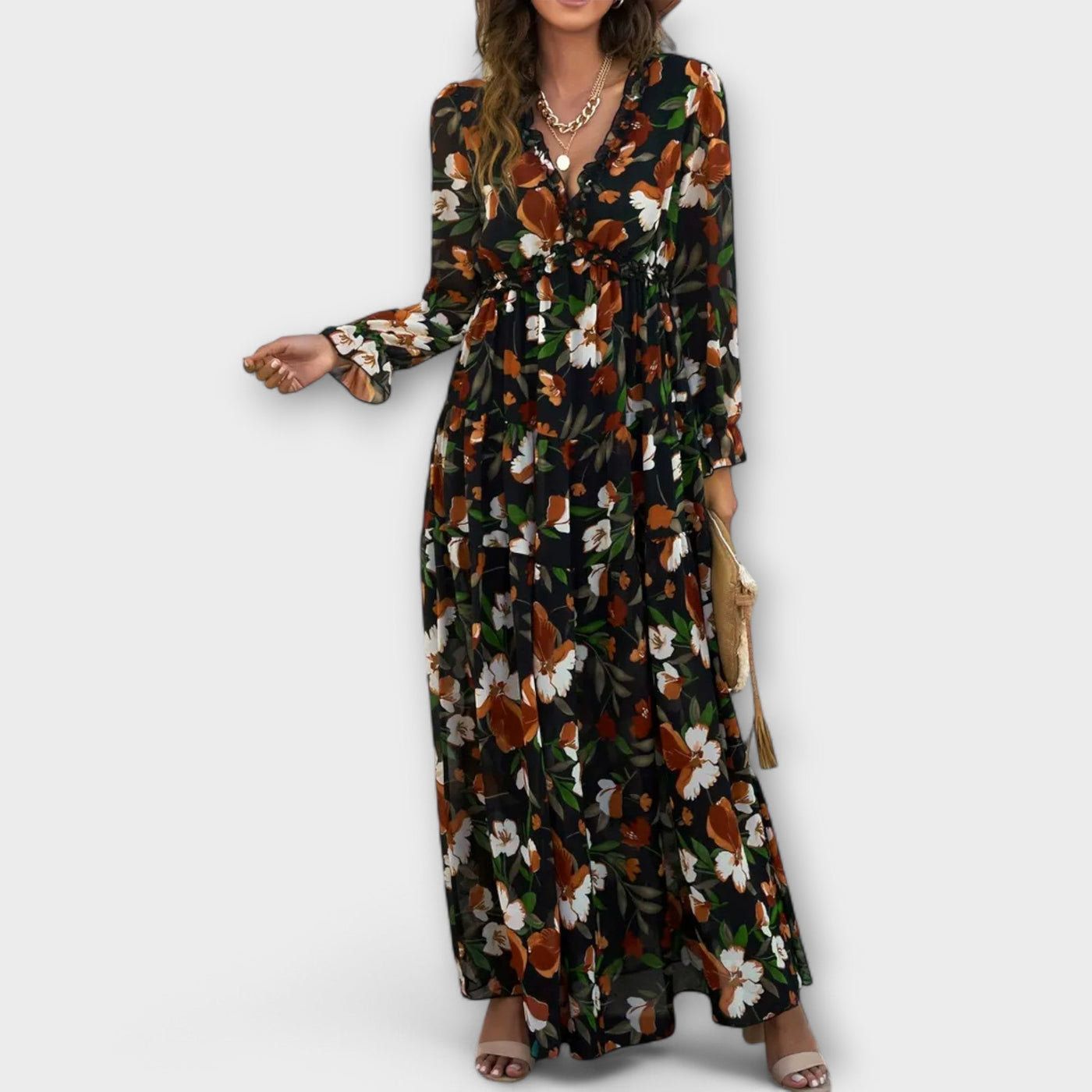 Floral Chiffon V-Neck Long Sleeve Ruffle Tiered Maxi Dress 7