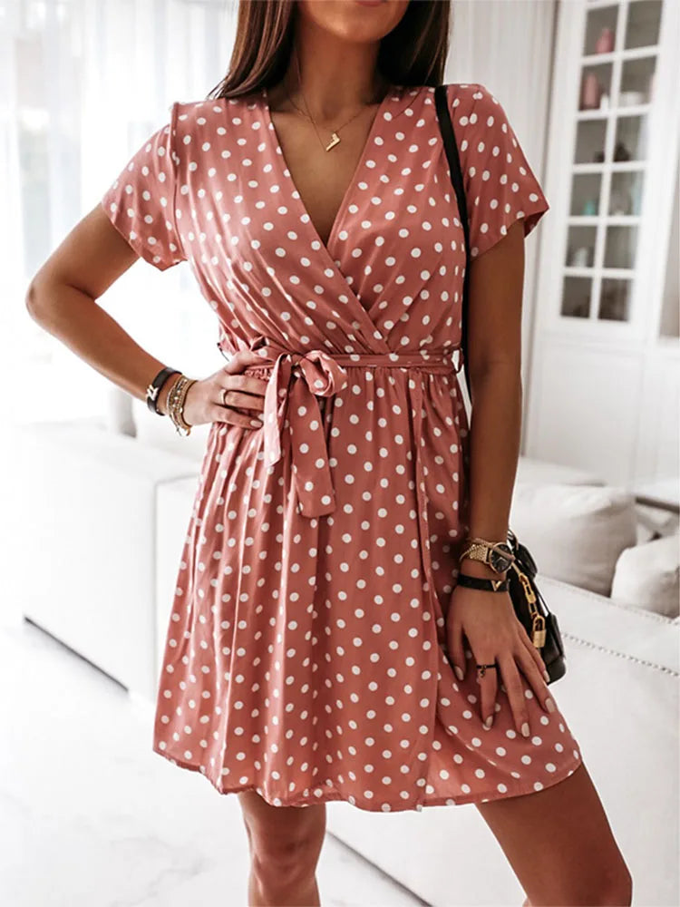 Polka Dot VNeck Split Boho Midi Dress