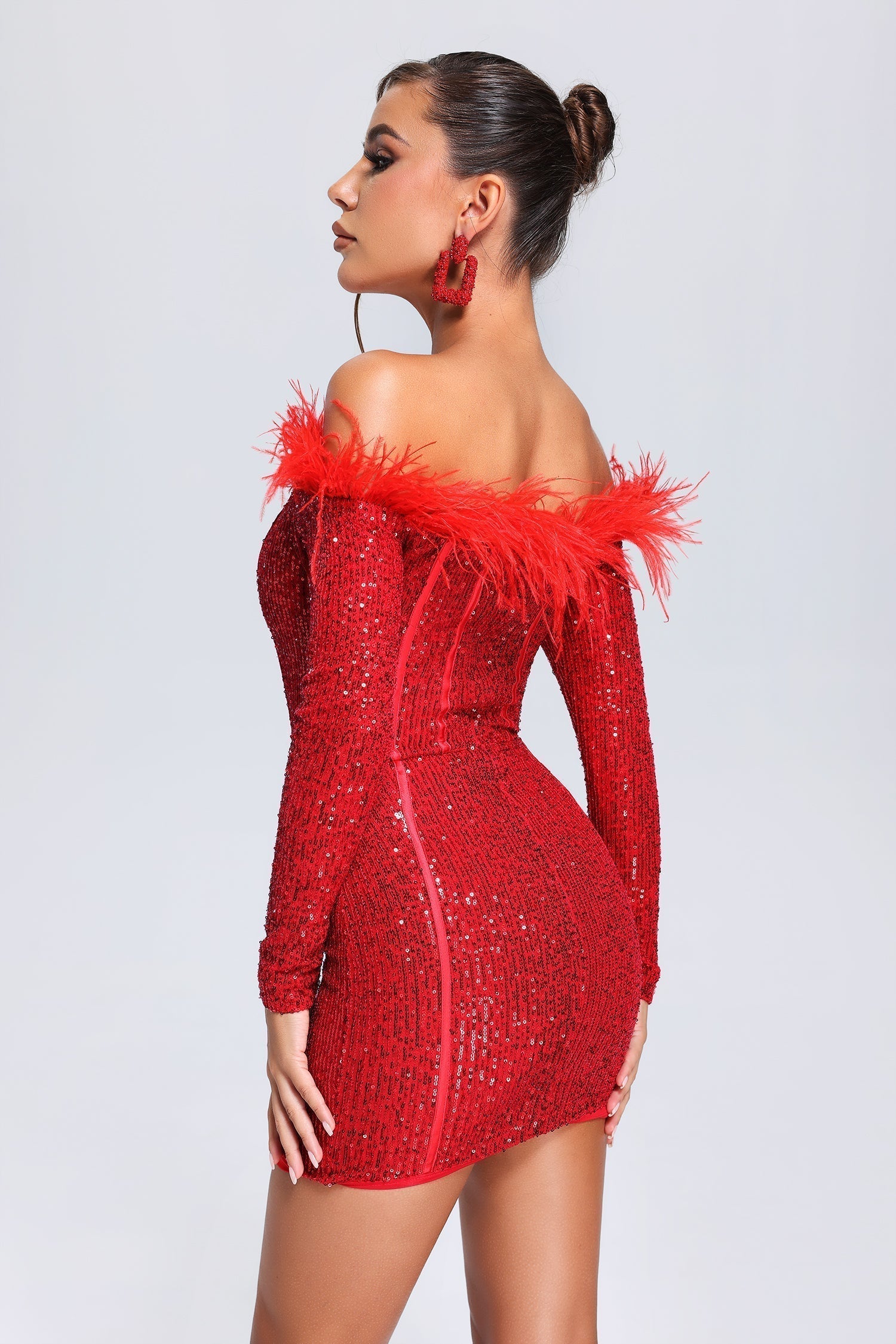 Sequin Off Shoulder Long Sleeve Feather Trim Bodycon Mini Dress