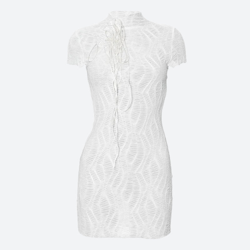 Textured Mock Neck Short Sleeve Lace Up Cut Out Bodycon Mini Dress 2