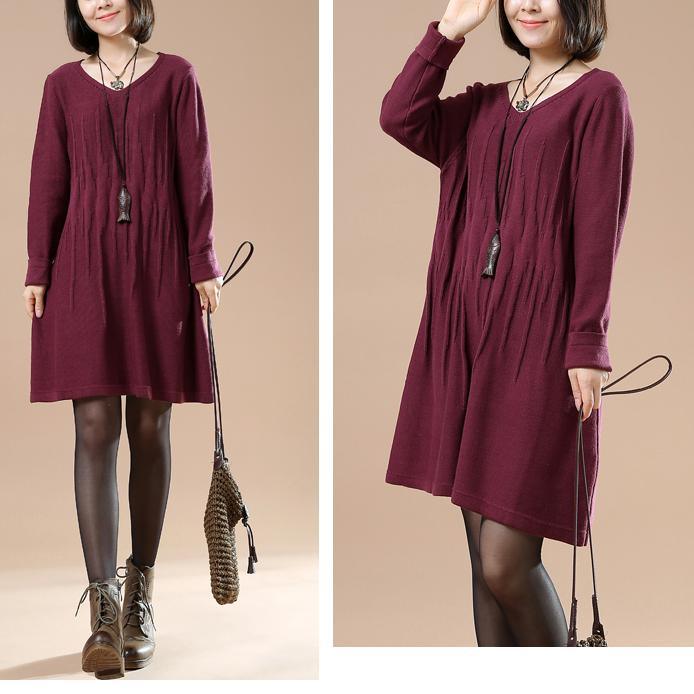 Wrinkled sweaters women knit winter dresses in burgundy