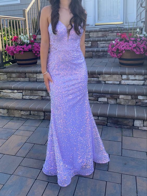 Shiny Purple Spaghetti Straps Mermaid Long Prom Dress cc1026