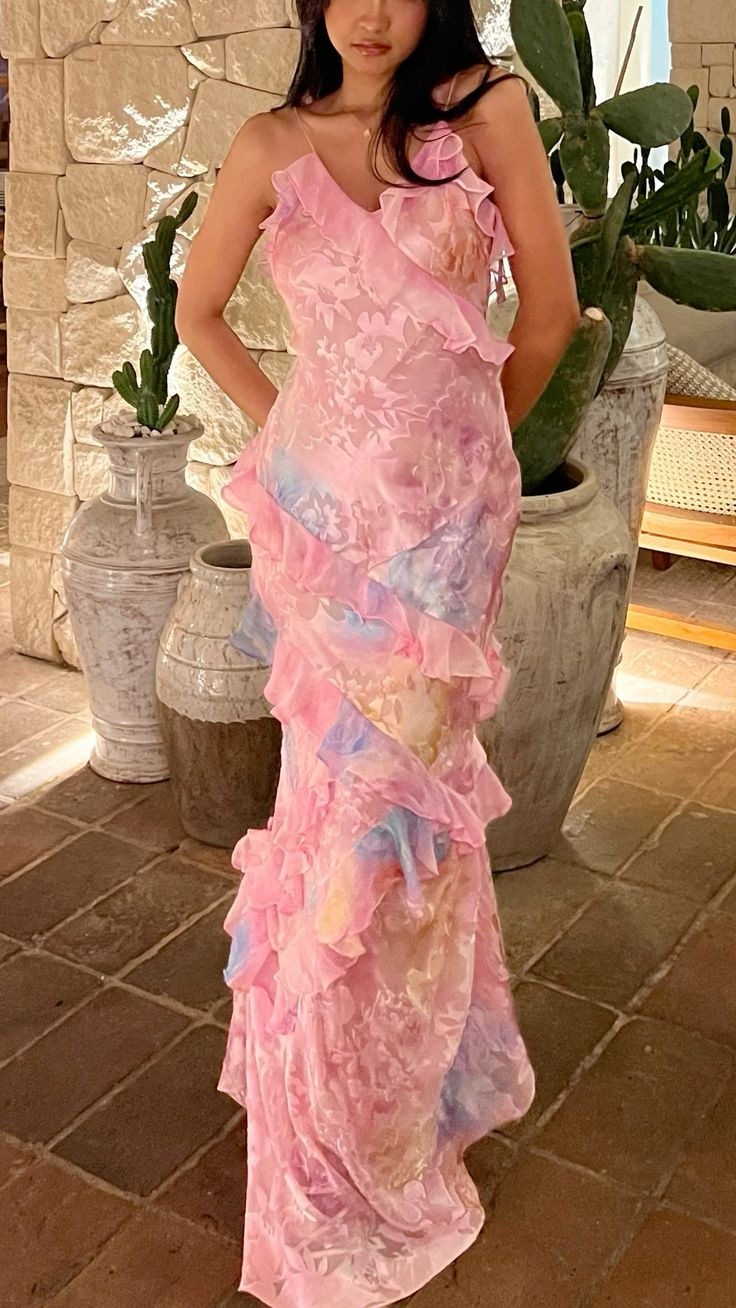 Charming Pink Print Chiffon Ruffles Party Evening Dress Long Prom Dress cc1809