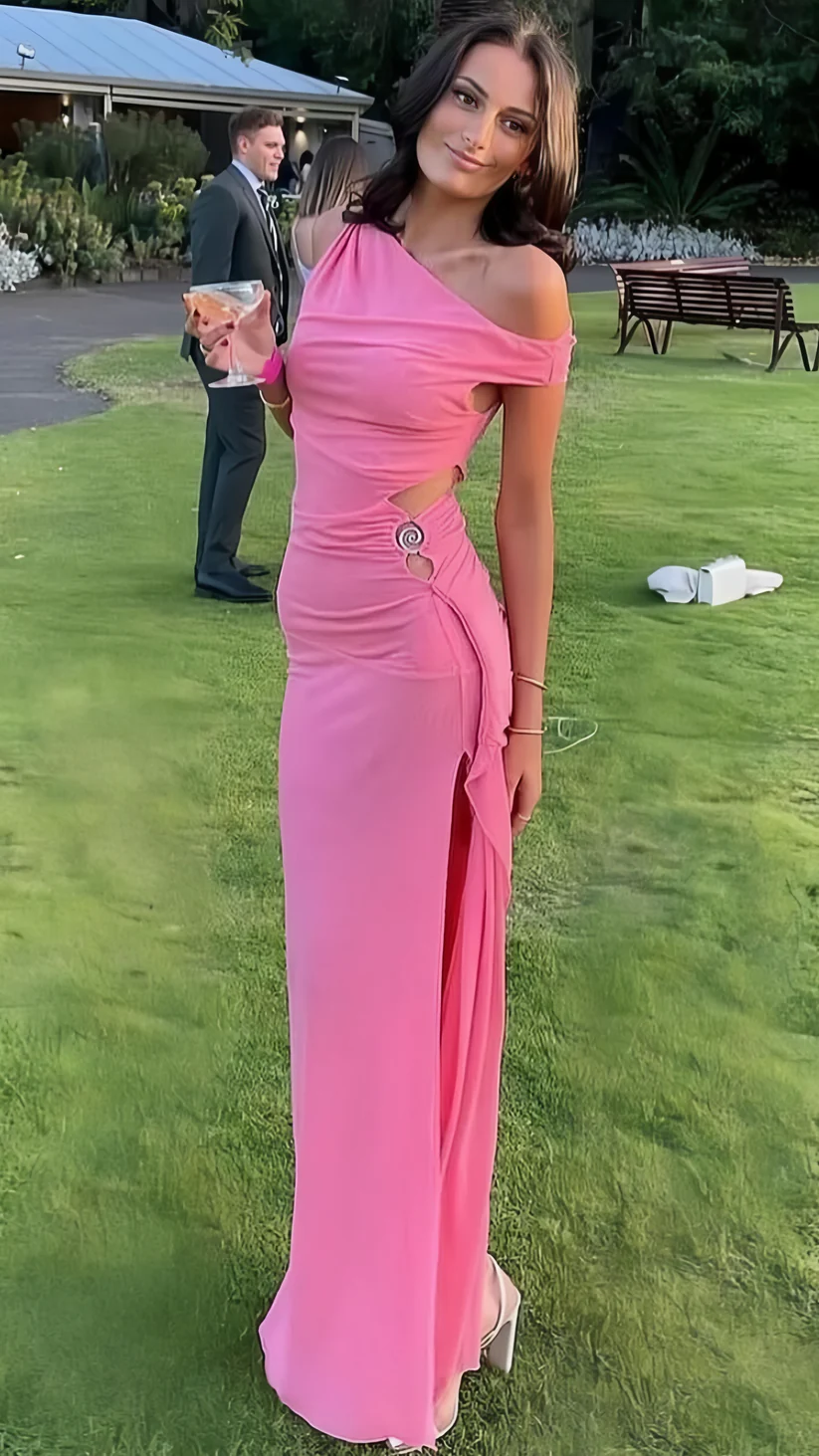 Sexy Pink Chiffon Slit Side Bodycon Long Party Dress Evening Dress cc1829