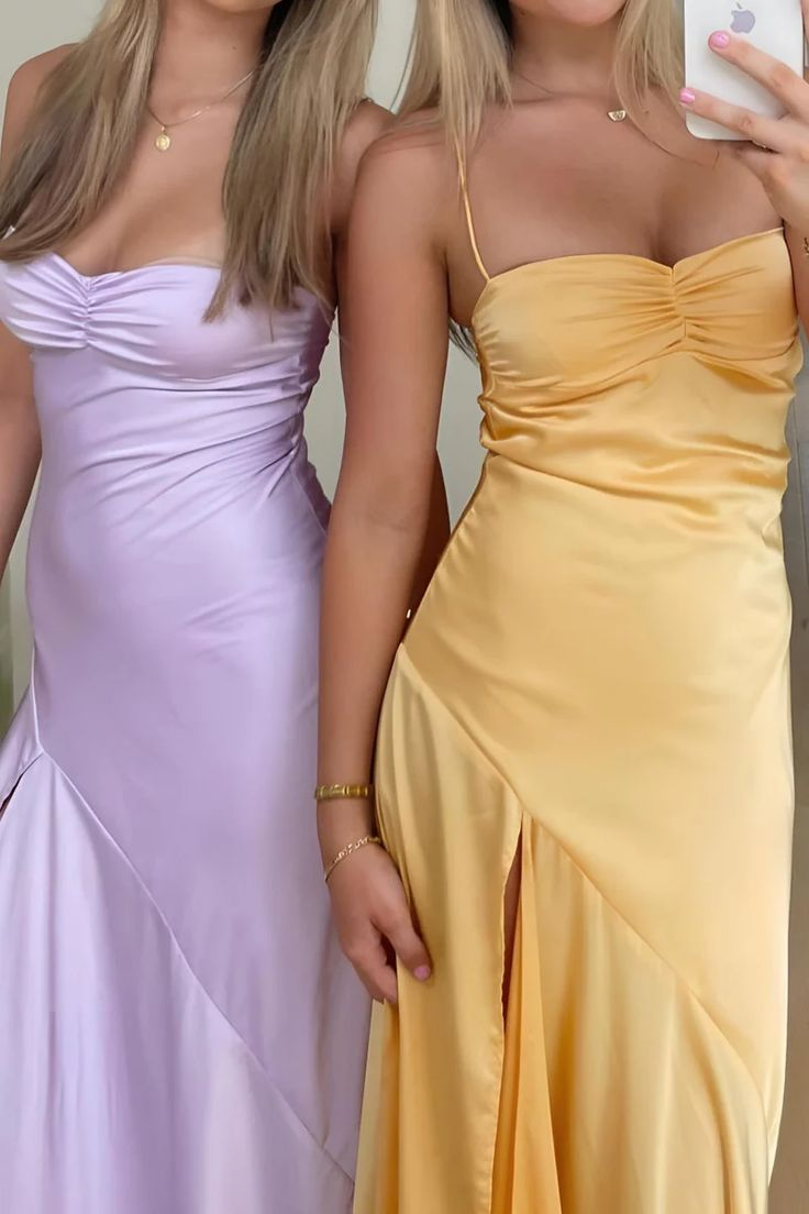 Sexy Spaghetti Straps Yellow Satin Slit Party Dress Evening Dress cc1836