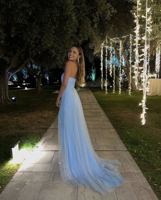 Sexy Strapless Light Blue Slit Prom Dress Long Party Evening Dress cc1889