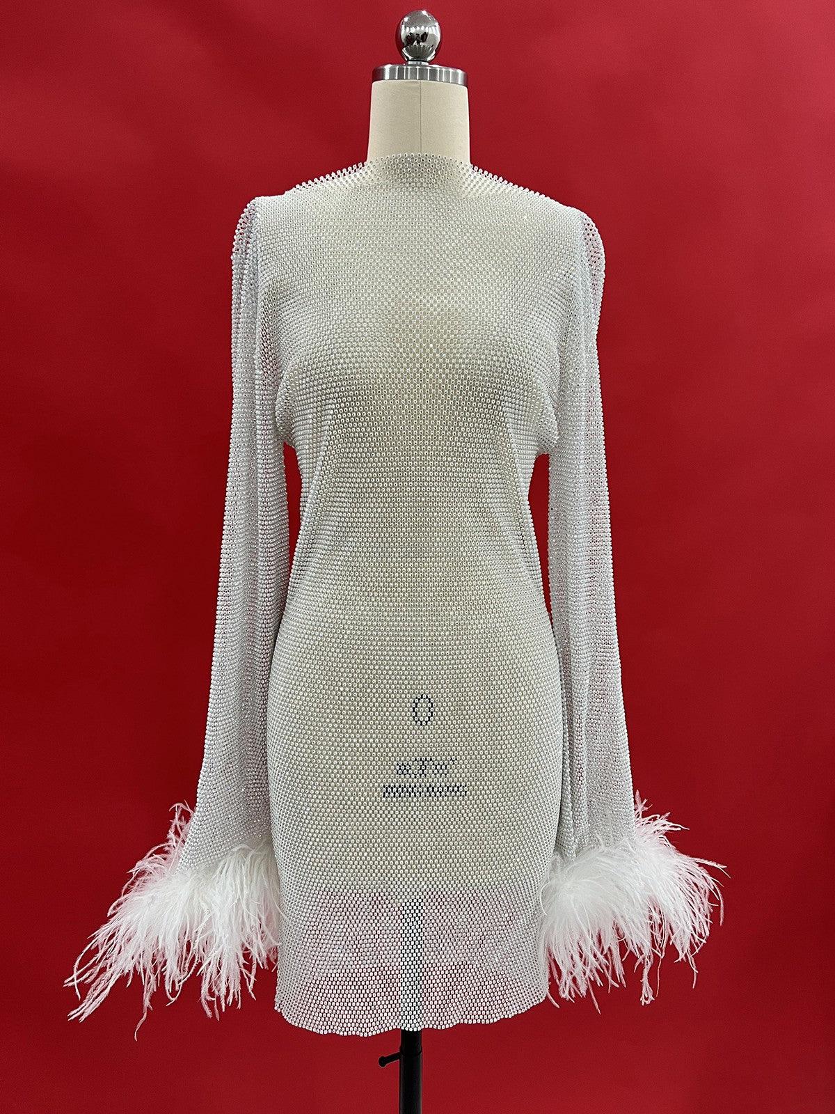 Rhinestone Mesh Mini Dress In White - View 8