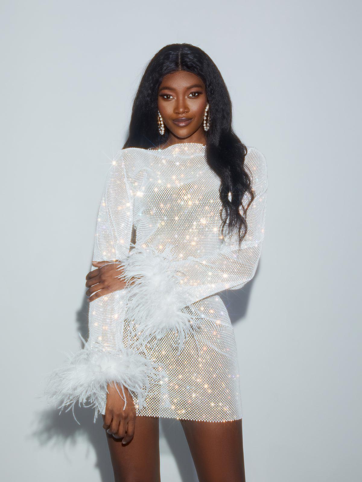 Xanthe Rhinestone Mesh Mini Dress In White 5